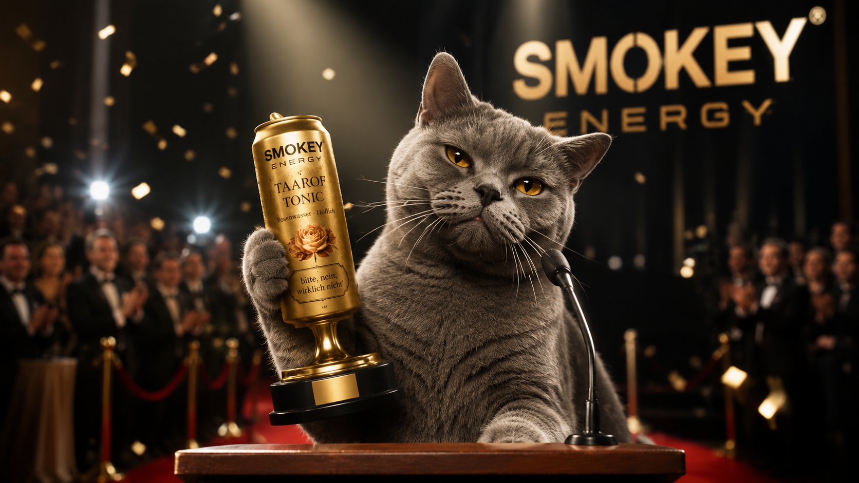 Smokey nimmt mit einer goldenen Taarof-Tonic-Dose als Pokal einen Preis entgegen
