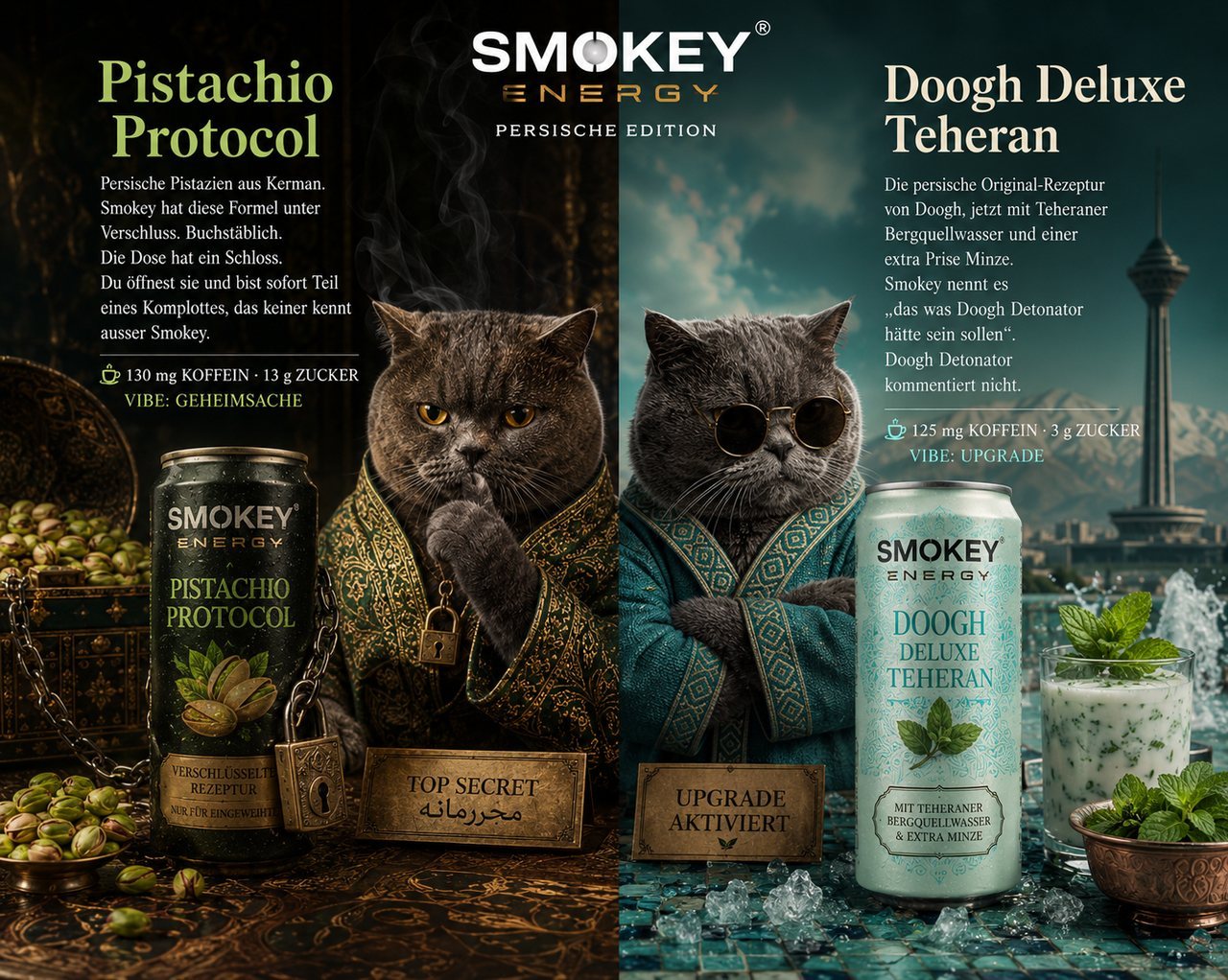 Kampagnenmotiv mit Pistachio Protocol und Doogh Deluxe Teheran